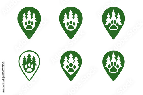 Eco-Tourism Logos. Eco-tourism with wildlife preservation. Icon set. Set Logo of eco-tourism with wildlife preservation: map pin with forest and paw print.