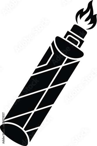 Stylized black and white vector icon of a burning gas lighter, isolated flame tool for smoking, ignition, and fire concepts.
