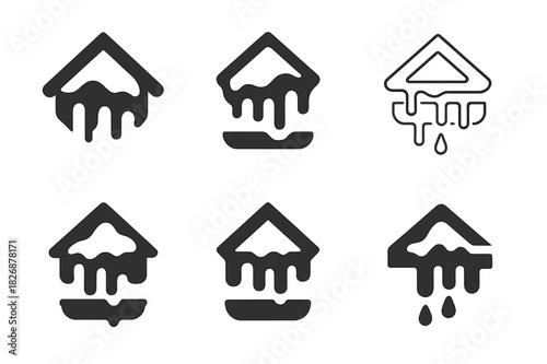 Melting Snow Logos. Melting snow off roof. Icon set. Set Logo of Melting snow off roof: dripping icicles above gutter channel. harmonious logo variations of