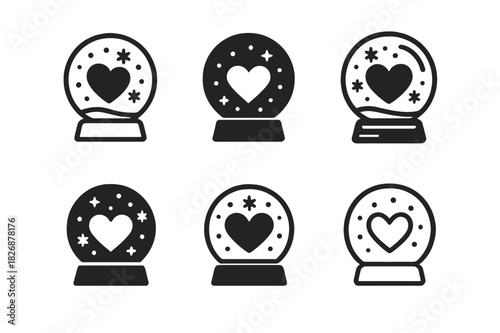 Heartfelt Winter Logos. Winter Holiday Themed Charity Event. Icon set. Set Logo of giving season: snow globe with heart inside. harmonious logo variations of