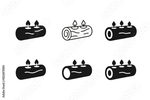 Candle Centerpiece Icons. Candle centerpiece. Icon set. Set Logo of Candle centerpiece: rustic log with drilled tea lights. harmonious logo variations of the