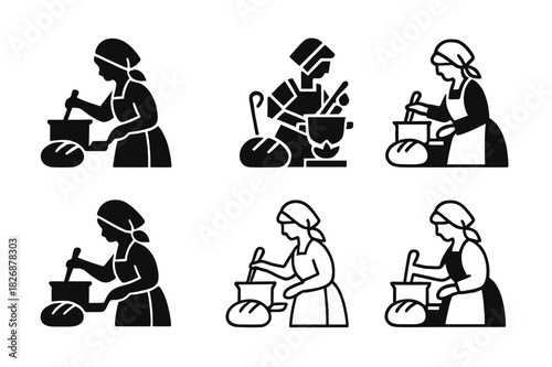 Rustic Kitchen Icons. A farmer?s wife cooking a hearty meal in a farmhouse kitchen. Icon set. Set Logo of rustic home life: loaf of bread and ladle. harmonious