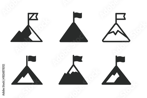 Self-Motivation Logo Designs. Self-motivation. Icon set. Set Logo of self-motivation: mountain peak with a flag symbolizing achievement and drive. harmonious