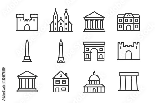 Historical Building Icons. Historical buildings. Line icon set of historical buildings: castle, cathedral, temple, palace, monument, tower, arch, fortress,