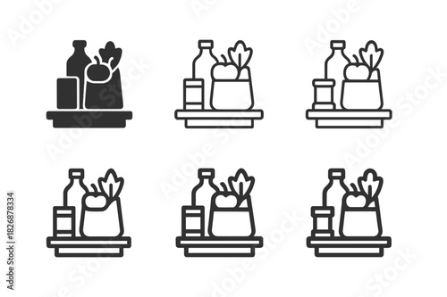 Groceries Logo Icons. Putting groceries away. Icon set. Set Logo of putting groceries away: kitchen counter with bags, cans, and produce arranged neatly.