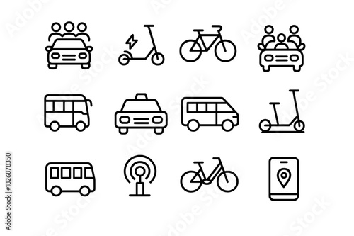 Shared Mobility Icons. Shared mobility. Line icon set of shared mobility: rideshare car, e-scooter, bike share, carpool, shuttle bus, taxi, vanpool, docked