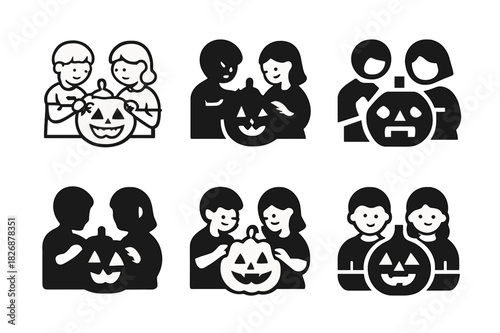 Pumpkin Carving Icons. Children Carving Pumpkins for Halloween. Icon set. Set Logo of Children Carving Pumpkins for Halloween: jack-o'-lantern pumpkin.