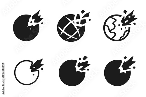 Space Debris Logos. space debris. Icon set. Set Logo of space debris: collision impact in orbit. harmonious logo variations of the same emblematic concept,