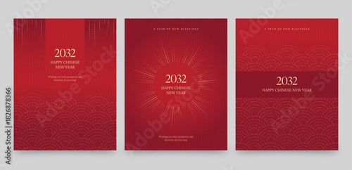 Chinese New Year Poster Flyer Template in Red & Gold with Minimalist Asian Pattern Background