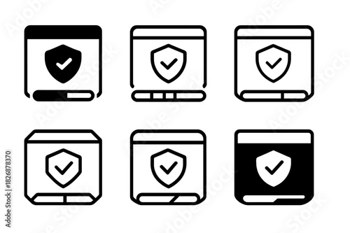 Antivirus Logo Variations. Installing antivirus software. Icon set. Set Logo of Installing antivirus software: installer progress bar with shield. harmonious