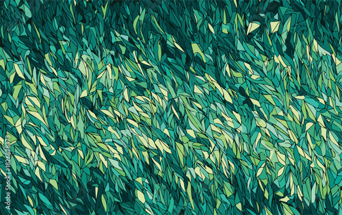 Fondo abstracto de hojas verdes en movimiento con textura de pinceladas digitales para diseño natural.