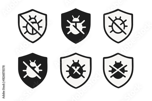 Antivirus Logo Variations. Installing antivirus software. Icon set. Set Logo of Installing antivirus software: bug crossed out by shield. harmonious logo