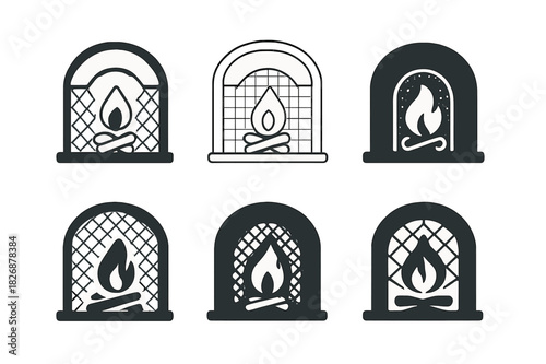 Fireplace Logo Variations. Lighting the fireplace. Icon set. Set Logo of Lighting the fireplace: spark guard screen in front of hearth. harmonious logo