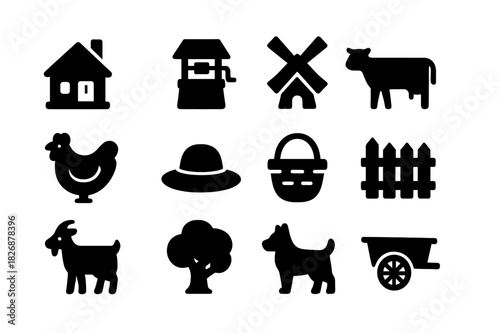 Village Life Icons. Village life. Solid icon set of village life: cottage, water well, windmill, cow, chicken, farmer hat, basket, fence, goat, tree, dog,