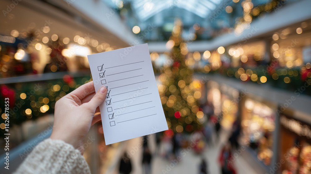 Obraz premium Hand holding a Christmas shopping checklist in a bustling toy store, blurred shoppers and vibrant holiday decorations in the background, festive shopping energy