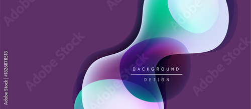 Abstract fluid shapes overlap, creating vibrant color gradients. Purple dominates background, accented by teal, white hues. Modern design element.