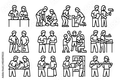 Family Teamwork Icons. Teamwork Activities. Line icon set of Teamwork Activities: parents cooking together, parents gardening, parents assembling furniture,