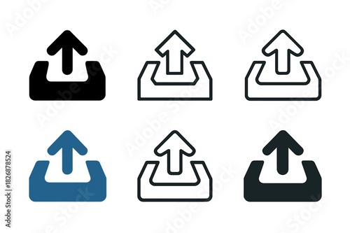 Outgoing Mail Icons. Outgoing mail tray. Icon set. Set Logo of outgoing mail tray: email send arrow. harmonious logo variations of the same emblematic concept,