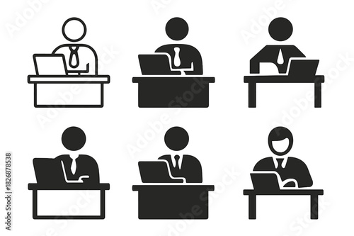 Candid Leadership Logos. Candid shots of managers in everyday work settings. Icon set. Set Logo of candid leadership: manager at desk. harmonious