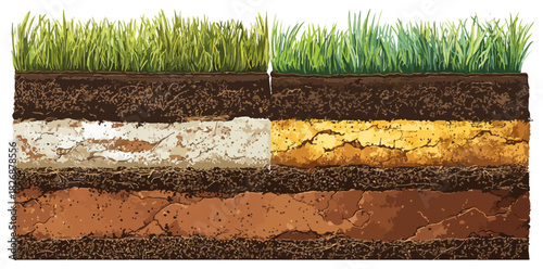 Vector comparativo de secciones transversales de suelo con césped y diferentes capas de tierra