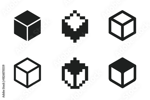 Indie Game Logos. Indie games. Icon set. Set Logo of indie games: game pixel cube. harmonious logo variations of the same emblematic concept, each with