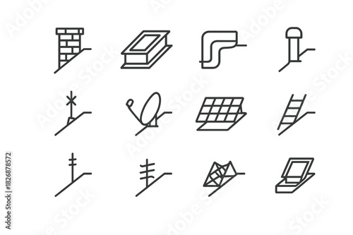 Roof Accessories Icons. Roof Accessories. Line icon set of Roof Accessories: chimney, skylight, gutter, vent pipe, lightning rod, satellite dish, solar panel,