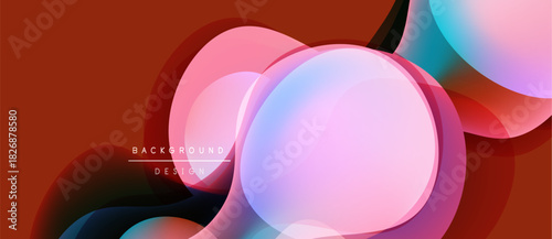 Abstract fluid shapes overlap, creating vibrant color gradients. Red, pink, blue hues blend seamlessly. Modern design element.