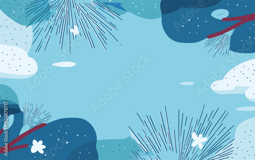 Fondo abstracto de vector con formas orgánicas y elementos naturales en tonos azules y blancos.