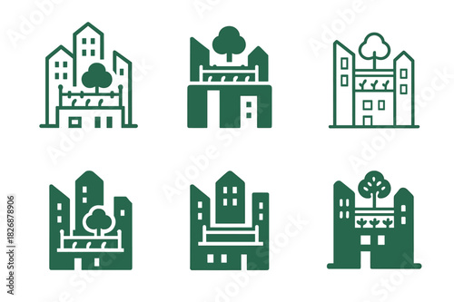 Rooftop Garden Logos. Rooftop garden designs in big cities. Icon set. Set Logo of Rooftop garden designs in big cities: windbreak screen. harmonious logo