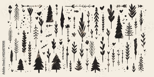 Colección de elementos vectoriales de árboles y flechas en estilo rústico y minimalista.
