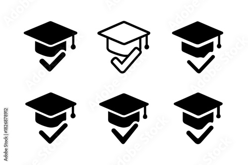 Grading System Logos. Online grading system. Icon set. Set Logo of Online grading system: graduation cap with check. harmonious logo variations of the same