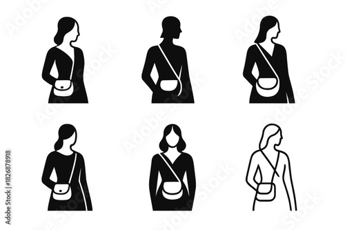 Chic Logo Variations. Fashion & Luxury. Icon set. Set Logo of modern chic: stylized model with crossbody bag. harmonious logo variations of the same emblematic