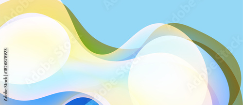 Abstract waves, soft colors blend. Light shapes overlap, creating fluid design. Blue, yellow, green hues dominate composition.