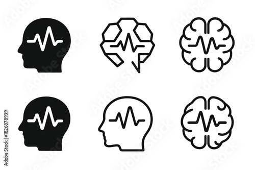 Creative Neuroscience Icons. Neuroscience of creativity. Icon set. Set Logo of creative neuroscience: electrical brainwave symbol. harmonious logo variations