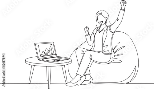 line art of a Happy businesswoman cheering on a beanbag chair next to a laptop. Success.