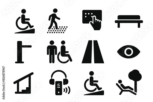 Accessibility Icon Set. Accessibility features. Solid icon set of Accessibility features: wheelchair ramp, tactile paving, braille map, low bench, guide rail,