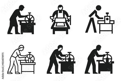 Artists at Work Icons. Artists at work in their studios. Icon set. Set Logo of Artists at work in their studios: printmaker operating etching press. harmonious