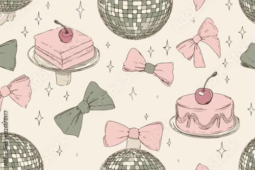 Patrón de vector sin costuras con pasteles, lazos y bolas de discoteca, un diseño festivo y divertido.