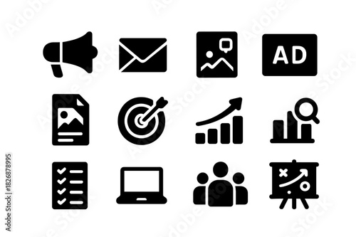 Campaign Execution Icons. Campaign execution. Solid icon set of Campaign execution: megaphone, email icon, social media post, ad icon, content icon, target,