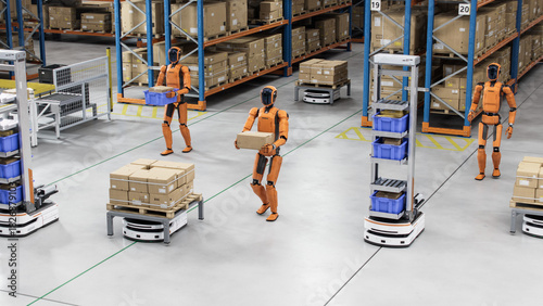 3D Render: Automated Distribution and Fulfillment Center with Smart AGV and Autonomous AI-Powered General Purpose Humanoid Robots. Smart Warehouse. Industrial Automation by Artificial Intelligence