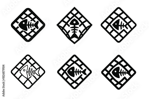 Biodiversity Loss Logos. biodiversity loss. Icon set. Set Logo of biodiversity loss: fish skeleton caught in net. harmonious logo variations of the same