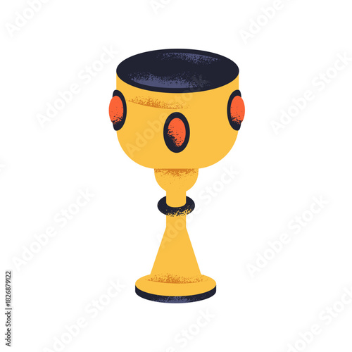 Golden chalice with gem stones. Elegant medieval goblet with gemstones, jewels. Sacred holy grail cup, occult ritual royal vessel on stem. Flat vector illustration isolated on white background.