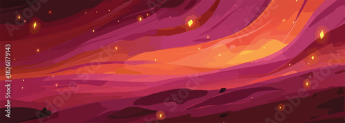 Fondo abstracto de vector con remolinos de color rosa, naranja y rojo, con chispas doradas.