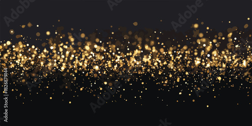 Partículas doradas brillantes flotan en un fondo oscuro, creando un efecto mágico y festivo.