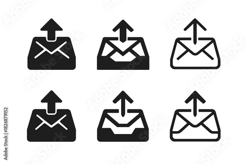 Outgoing Mail Icons. Outgoing mail tray. Icon set. Set Logo of outgoing mail tray: email send arrow. harmonious logo variations of the same emblematic concept,