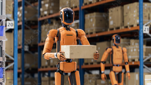 3D Render: Portrait of Autonomous AI-Enabled General Purpose Humanoid Robot Working at Distribution Center. Automated Fulfillment Center or Warehouse. Industrial Automation by Artificial Intelligence
