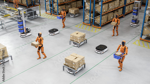 3D Render: Isometric view of Automated Distribution and Fulfillment Center with Smart AGV and Autonomous AI-Enabled General Purpose Humanoid Robots. Industrial Automation by Artificial Intelligence