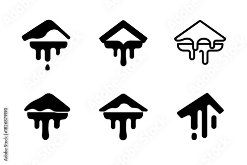 Melting Snow Logos. Melting snow off roof. Icon set. Set Logo of Melting snow off roof: dripping icicles above gutter channel. harmonious logo variations of