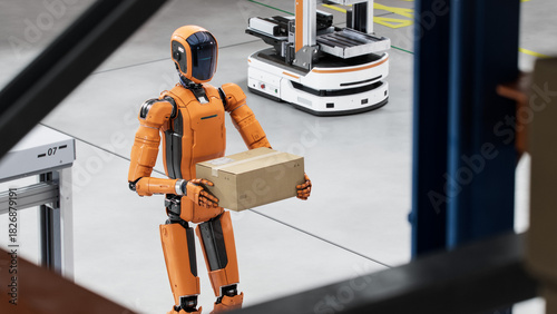 Foto 3D Render: Portrait of Autonomous AI-Enabled General Purpose Humanoid Robot Working at Distribution Center