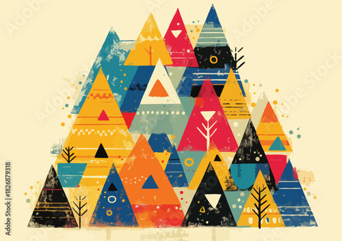 Montaña abstracta geométrica con patrones tribales y texturas, diseño de vector colorido.